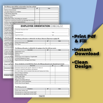 Preview of Daycare Employee Orientation/ New Hire Document Checklist & Orientation Form.