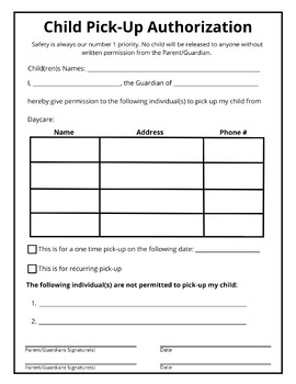 Preview of Daycare Forms Child Pick-Up Authorization
