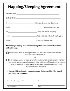 Preview of Daycare Forms Napping/Sleeping Agreement