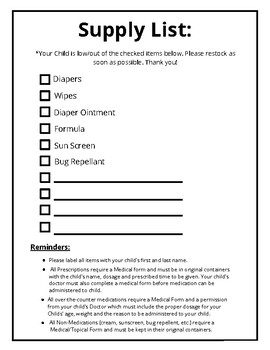 Daycare Forms Supply List