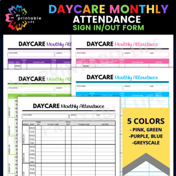 Preview of Daycare Monthly Attendance Sign-In Sign-Out Sheet Printable