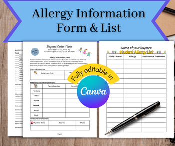 Preview of Daycare Preschool Allergy Information Form and List Template-fully editable