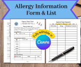 Daycare Preschool Allergy Information Form and List Templa