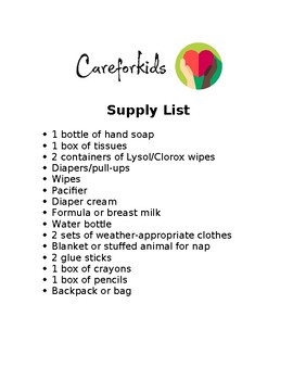 Preview of Daycare Supply List