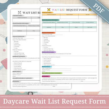Preview of Daycare Wait List Request Form | Childcare Enrollment Template