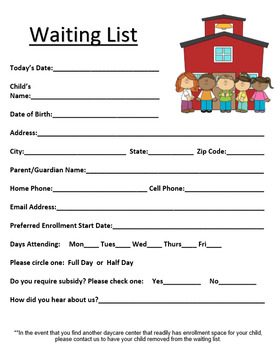 Daycare Waiting List Form by SHEENA HARRIS Teachers Pay Teachers