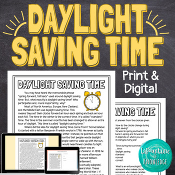 Preview of Daylight Saving Time Reading Comprehension Passage PRINT and DIGITAL