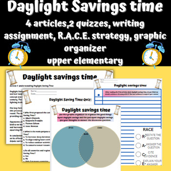 Preview of Daylight Savings Time- 4 articles, quizzes, answer key, RACE strategy, and more!