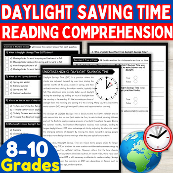 Preview of Daylight saving time Reading Comprehension Passage Questions worksheet activity