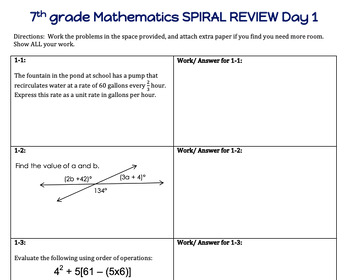 Preview of Days 1-4 of SPIRAL REVIEW of 7th grade math standards for state testing