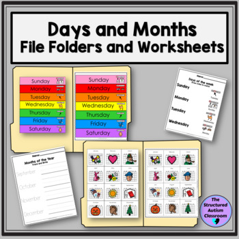 Preview of Days and Months File Folders (errorless and identical) and Worksheets Special Ed