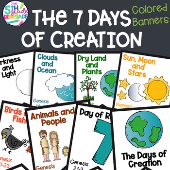 Days of Creation Color Banners with Bible verse and Melonheadz clip art