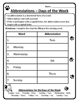 Days of the Week Abbreviations Worksheet Abbreviations Week Days