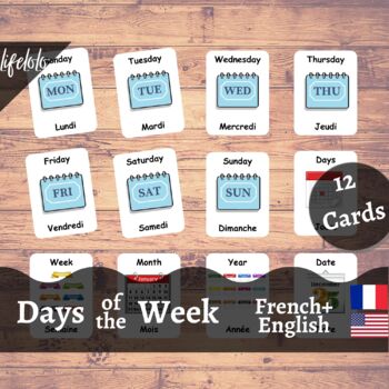 Preview of Days of the Week - FRENCH English Bilingual Flash Cards | 12 Nomenclature Cards