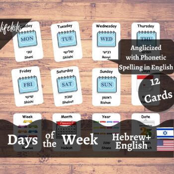 Preview of Days of the Week - HEBREW English Bilingual Flash Cards | 12 Nomenclature Cards