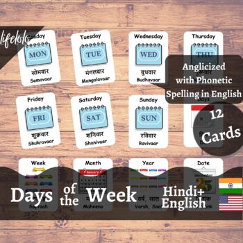 Preview of Days of the Week - HINDI English Bilingual Flash Cards | 12 Nomenclature Cards