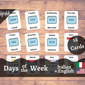 Preview of Days of the Week - ITALIAN English Bilingual Flash Cards | 12 Nomenclature Cards