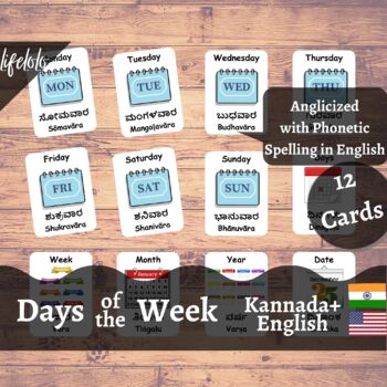 Preview of Days of the Week - KANNADA English Bilingual Flash Cards | 12 Nomenclature Cards