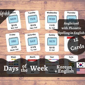 Preview of Days of the Week - KOREAN English Bilingual Flash Cards | 12 Nomenclature Cards