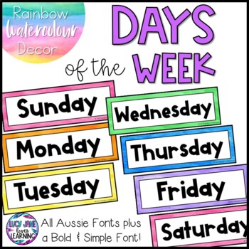 Preview of Days of the Week Labels | Watercolor Rainbow | Inc Australian Fonts