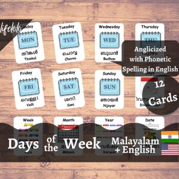 Preview of Days of the Week - MALAYALAM English Bilingual Flash Cards | 12 Nomenclature