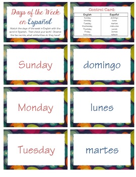 5 &1/2"X 4 & 1/2" Montessori Homeschool DAYS OF WEEK Match Card Language 