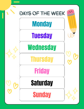 Days of the Week Printable Worksheet/ Back To School by Teachskills