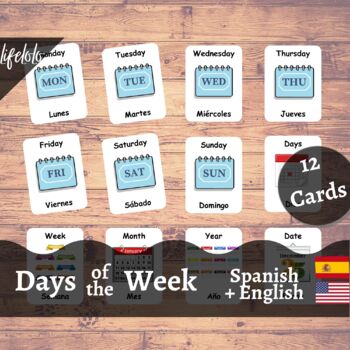Preview of Days of the Week - SPANISH English Bilingual Flash Cards | 12 Nomenclature Cards
