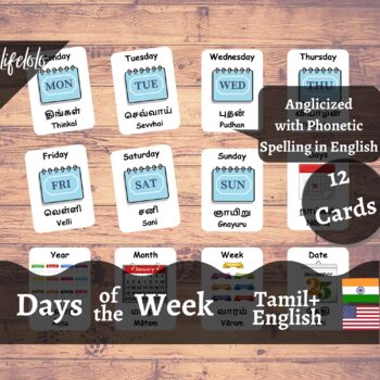 Preview of Days of the Week - TAMIL English Bilingual Flash Cards | 12 Nomenclature Cards