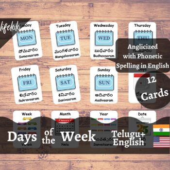 Preview of Days of the Week - TELUGU English Bilingual Flash Cards | 12 Nomenclature Cards