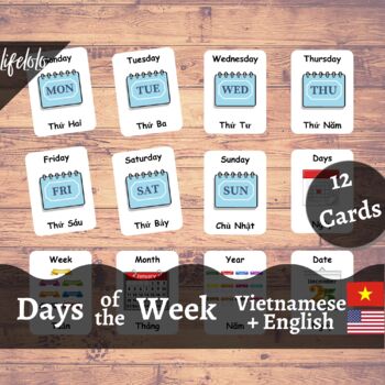 Preview of Days of the Week - VIETNAMESE English Bilingual Flash Cards | 12 Nomenclature