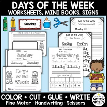 Preview of Days of the Week • Worksheets, Mini Books • Color Cut Glue Write • Fine Motor