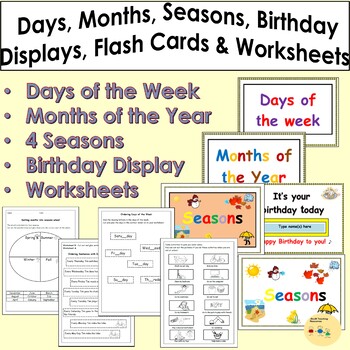Preview of Days of the week, Months, Seasons Room Visuals/Wall Displays, Worksheets