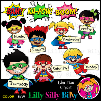 Preview of Days of the week - Superhero Clipart. BLACK/ WHITE & Color. {Lilly Silly Billy}