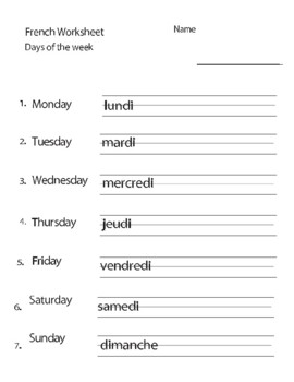 Preview of Days of the week in French worksheet with answer key