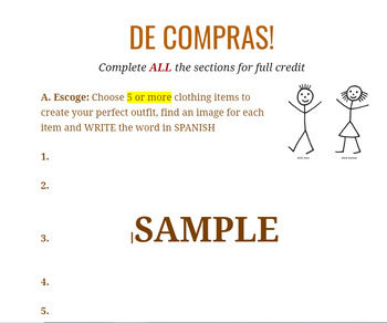 Preview of De Compras digital worksheet - Listening, writing and translation.