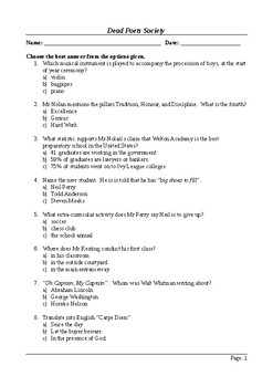 Preview of Dead Poets Society - 50 Question Multiple Choice Quiz