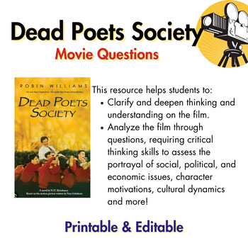Preview of Dead Poets Society Movie Questions:  Grades 8-12