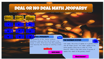 Preview of Deal or No Deal 7th Grade Math Spiral Review Jeopardy