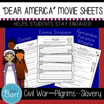 Preview of Dear America Movie Worksheets (Pilgrims/Indians, Civil War & Slavery)