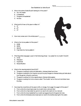 Preview of Dear Basketball Poem Questions (Poem Included) by Kobe Bryant