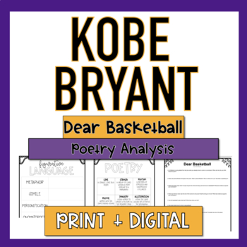 Preview of Dear Basketball by Kobe Bryant Poetry Analysis | Print & Digital