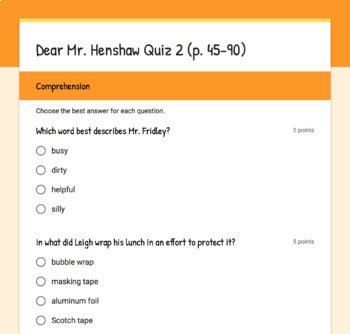 Dear Mr Henshaw Quiz 2 P 45 90 By Deana Jones Tpt