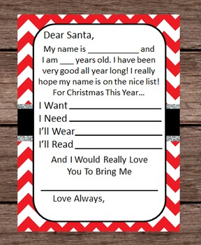 Preview of Dear Santa Gift Wish List Letter Merry Christmas I Want Need Wear Read Chevron