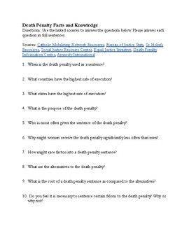 Preview of Death Penalty Facts and Knowledge Worksheet