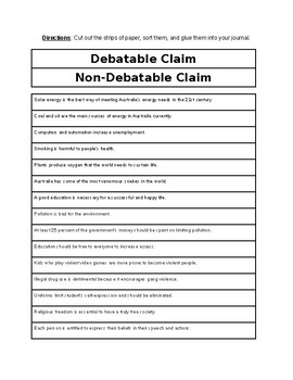 Preview of Debatable vs. Non-Debatable Claim Sorting Activity