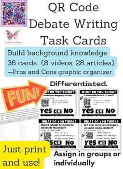 Preview of Debate Argument Writing QR Code Task Cards Printable Digital Activity centers