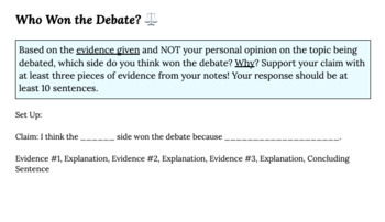 Preview of Debate Format Notes & Writing Assignment Support a Claim w/ Evidence Google Doc