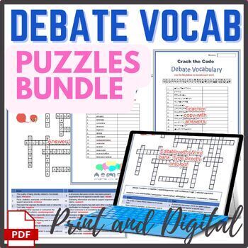 Preview of Debate Vocabulary Puzzles - Crossword, Crack the Code, Scramble - no prep