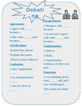 Preview of Debating Sentence Starters Anchor Chart